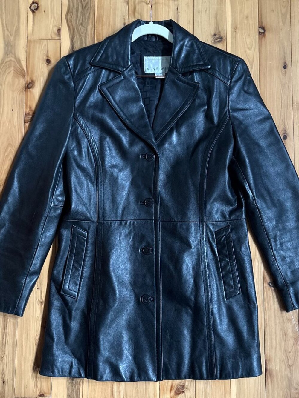 Vintage 90s Nine West 100% Genuine Black Leather Button Front Car Coat Medium